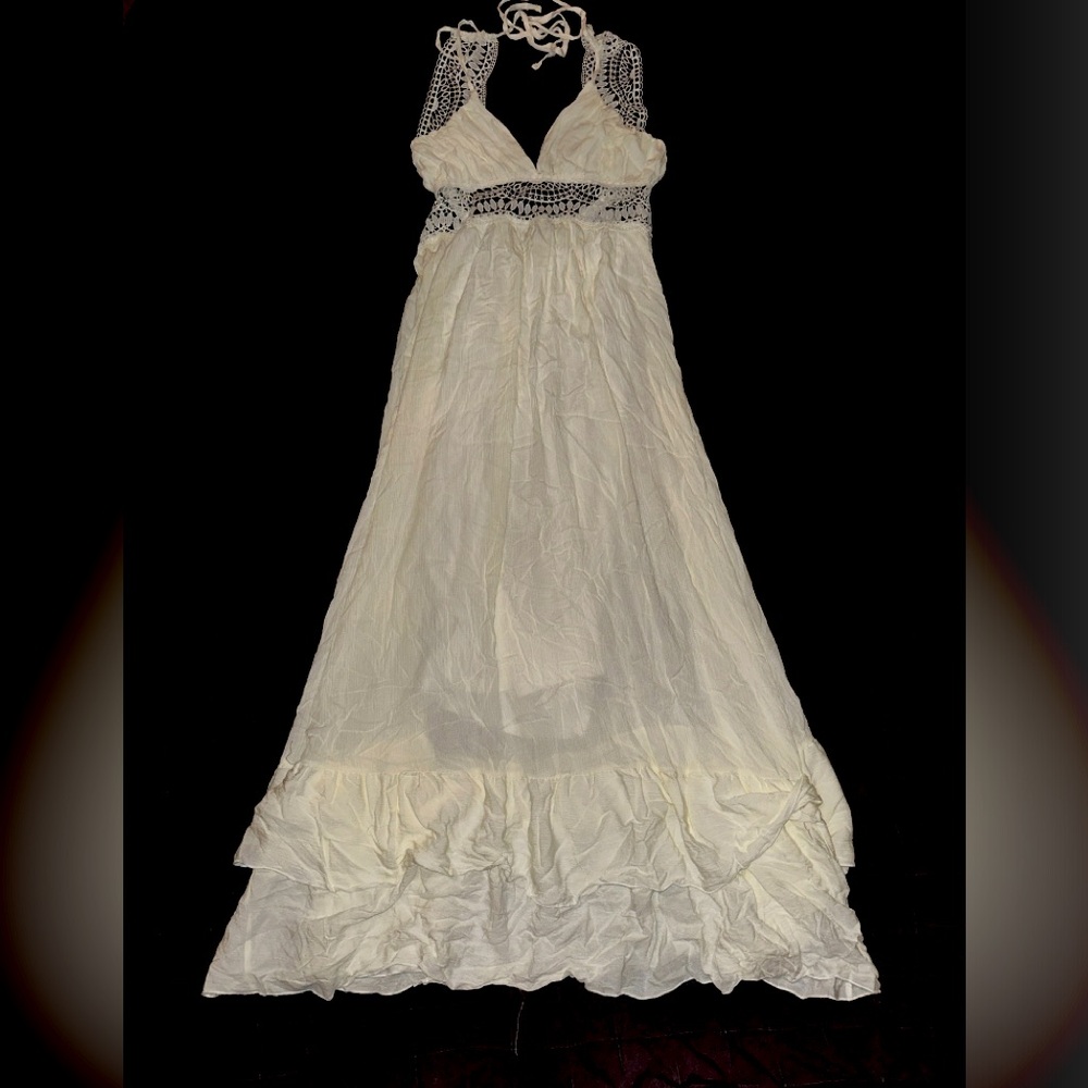 Long white flowy dress with lace detail